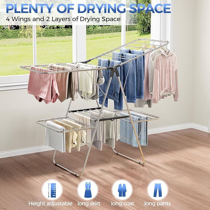 APEXCHASER Clothes Drying Rack, Foldable 2-Level Drying Rack Clothing, Stainless Steel Free-Standing Laundry Airer, with Height-Adjustable 4 Wings, Matte Black