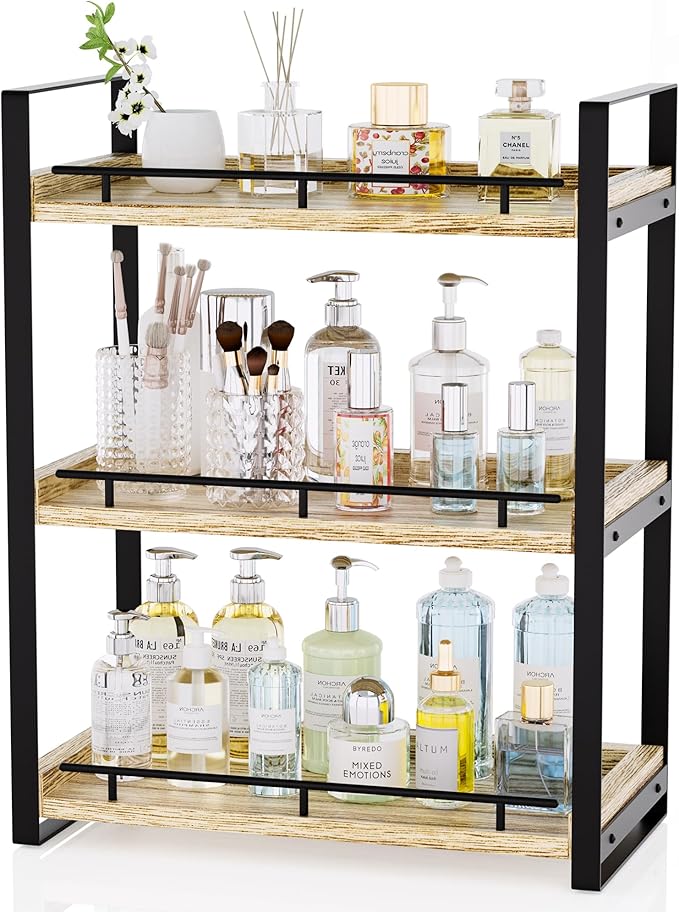 Bathroom Counter Organizer, 3 Tier Wood Countertop Shelf for Vanity, Skincare, Makeup, Kitchen Coffee and Sink Storage, with Durable Metal Bracket (Light Brown)
