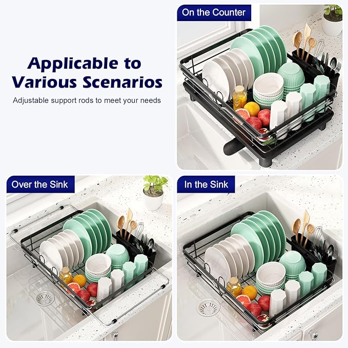 In Sink Dish Drying Rack, Expandable Over The Sink Dish Rack for Small Kitchen, Space Saving Stainless Steel Black Dish Drainer with Utensil Holder, 14.1"-21.2" L x 11"W, Compact Plate Dryer Strainer