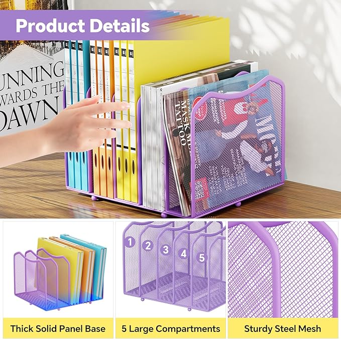 Simple Trending Mesh Desktop File Sorter Organizer, 5-Section Bookshelf for Desk Home Office, Purple