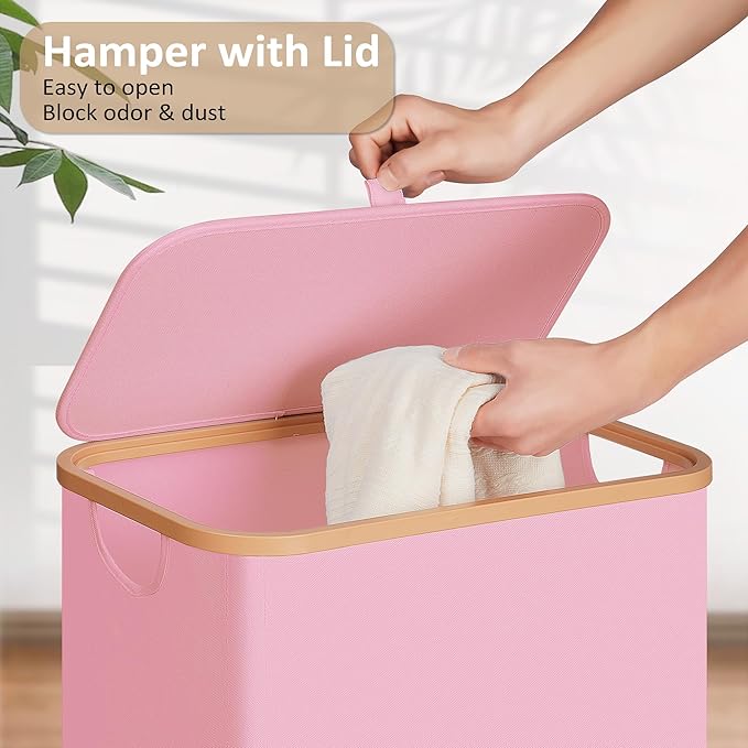 Slim Laundry Basket with Lid, Narrow Dirty Clothes Hampers for Laundry with Handle, Skinny Laundry Bin for Laundry Room, Dorm, Bedroom and Bathroom, 19.8 Gallon (75L) Pink