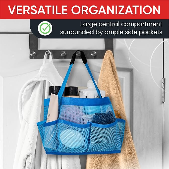 Masirs Shower Caddy Mesh - 9 Pocket Portable Bathroom Organizer Tote for Travel, Gym & Dorm - Collapsible Small Shower Caddy Bag to Hold Toiletries & Essentials (Blue)