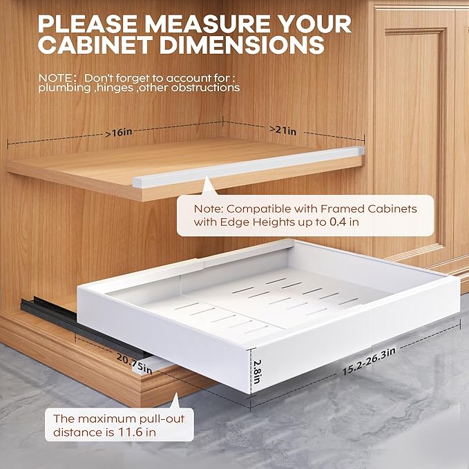 2 Pack Expandable Pull Out Cabinet Organizer 21"Deep With Raising Pad for Framed Cabinets,Upgrade 3 Slide Rails Slide Out Drawers,Roll Out Shelves Adhesive,Adjustable Width 15.15"-26.3" White