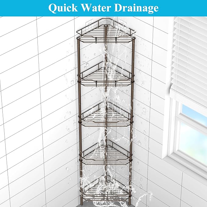 5 Tier Floor Standing Corner Shower Caddy Organizer Shelf with Hooks, Bathroom Shelves Stand Rack, Bronze