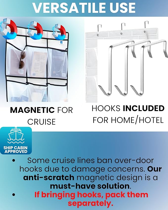 Cruise Ship Magnetic Door Organizer, Over The Door Organizer For Cruise Ships, Magnetic Shoe Rack - 3 Strong Anti-Scratch Magnets - Large Durable Pockets To Store Cruise Essentials 2025