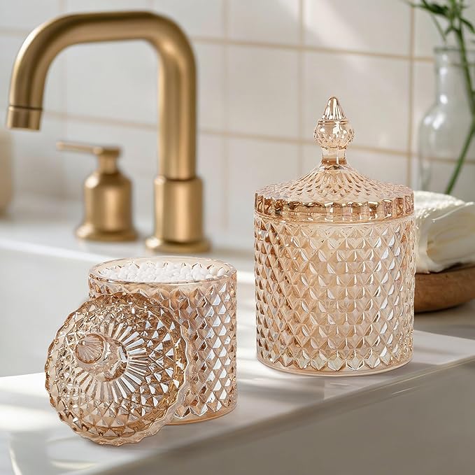 2 Pack Qtip Holder Glass Apothecary Jars with Lid for Bathroom Canisters Dispenser Decor Storage Organizer for Cotton Swabs, Balls, Pads, Floss Picks, Candy, Amber