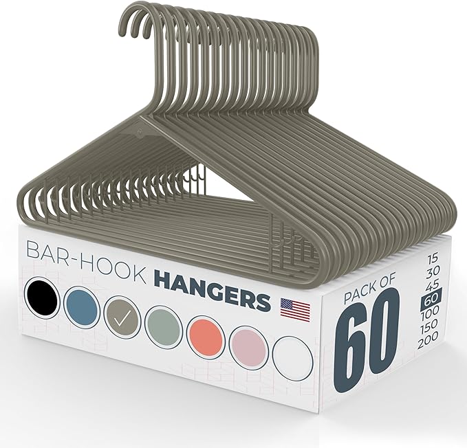 Neaties Plastic Hangers 50 Pack (60 Count) – Made in The USA – 6lb Capacity Standard Clothes Hangers with Strap Hooks for Dresses, Lingerie, Shirts, Pants, and Jackets – Gray