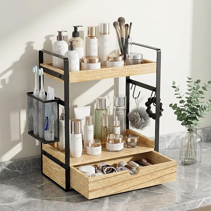 2-Tier Bathroom Counter Organizer with Drawer Basket and Hooks, Wood Bathroom Organizers and Storage for countertop, Farmhouse Brown Countertop Organizer, Counter Shelf for Vanity, Kitchen, Office