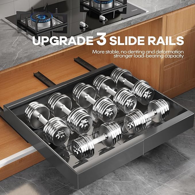 2 Pack Expandable Pull Out Cabinet Organizer 21"Deep With Raising Pad for Framed Cabinets,Upgrade 3 Slide Rails Slide Out Drawers,Roll Out Shelves Adhesive,Adjustable Width 15.15"-26.3" Black