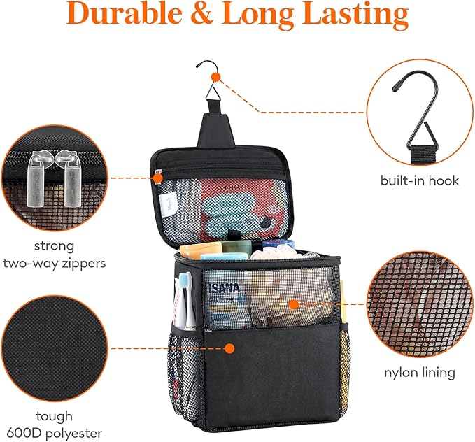 Lifewit Mesh Shower Caddy Bag Portable for College Dorm Room Essentials, Hanging Organizer Basket, Quick Dry Tote Bag for Camping, Bathroom, Beach, Travel, Medium, Black