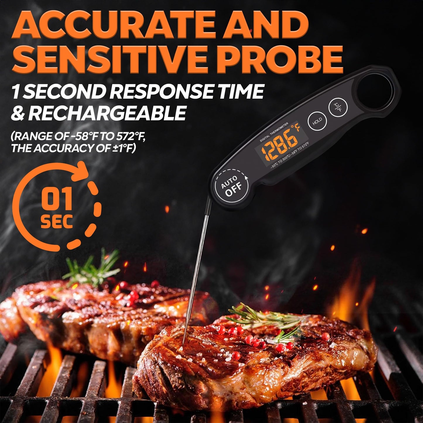 Instant Read Food Thermometer Rechargeable Meat Thermometer Digital Kitchen Thermometer - Fast & Accurate Food Thermometer for Cooking, Grill Thermometer, Birthday Gift for Husband, Dad, Men