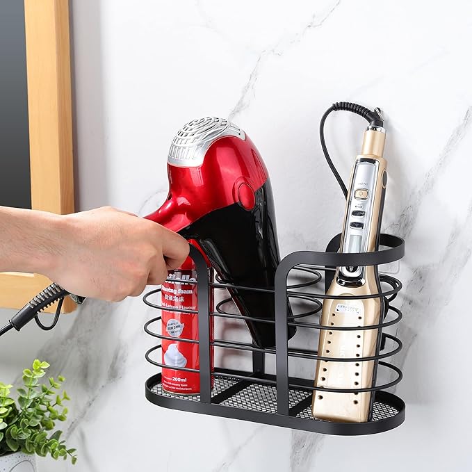 YIGII Hair Dryer Holder - Wall Mount/Adhesive Blow Dryer Holder Bathroom Organizer Hot Tools Organizer for Hair Dryer, Electric Shaver Black