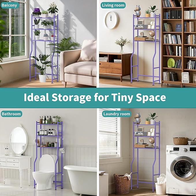 3-Tier Over The Toilet Storage with Paper Holder, Metal Bathroom Organizers and Storage for Small Space, Freestanding Bathroom Shelves with 4 Hooks, Above The Toilet Storage Shelf (Purple)