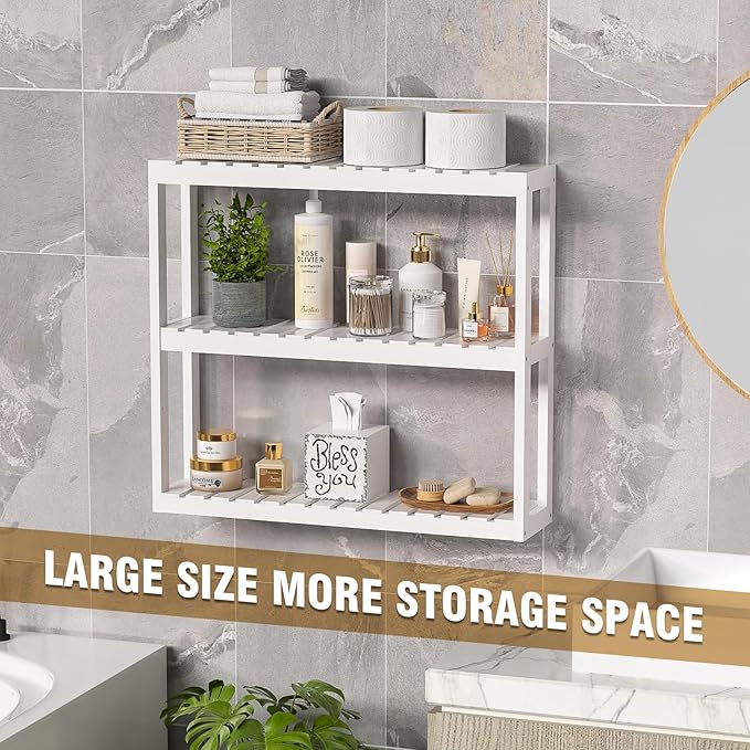 Domax Bathroom Shelves Over Toilet Storage - 3 Tier Wall Mounted Bamboo Bathroom Shelf Organizer Multifunctional Adjustable Layer Free Standing Utility Shelves for Bathroom Living Room Kitchen, White