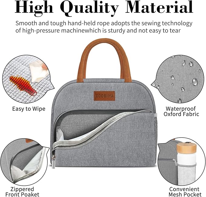 Coobiiya Lunch Bag Lunch Box for Women Men,Small Leakproof Cute Lunch Tote Large Capacity Reusable Insulated Cooler Lunch Container for Work/Office/Picnic/Beach，Grey