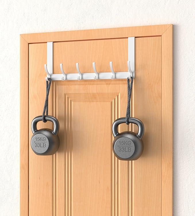 Over The Door Hooks Hanger with Extended Arms, Fit 1 3/8" Door, Tool-Free Assembly, F7U, Towel Rack Organizer Holder - Glossy White