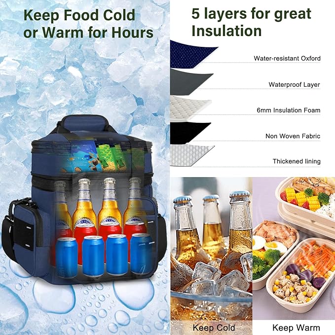 Expandable Tactical Lunch Box, Large Insulated Lunch Cooler Bag Heavy Duty Leakproof Lunch Pail for Men Adults Work Office Outdoor Picnic Trips,16L,Blue