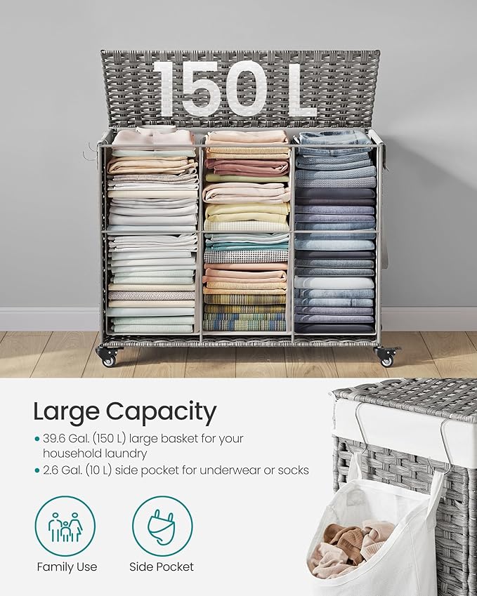 SONGMICS Laundry Hamper with Lid, 42.3 Gallons (160 L), Rolling Laundry Basket with Wheels, 3-Section Synthetic Rattan, Removable Liner, Bedroom, 29.9 x 13 x 26 Inches, Gray ULCB365G01