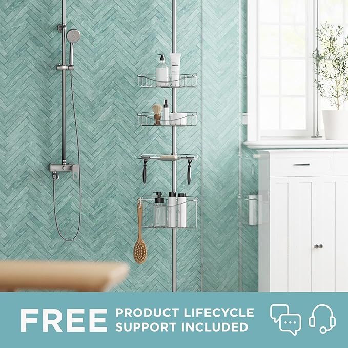 Zenna Home Tension Pole Shower Caddy Corner Organizer, Adjustable Standing Shower Caddy with 3 Shelves and Soap Tray, Rust Resistant Bathroom Tension Rod Organizer, 60 to 97 Inch, Satin Nickel