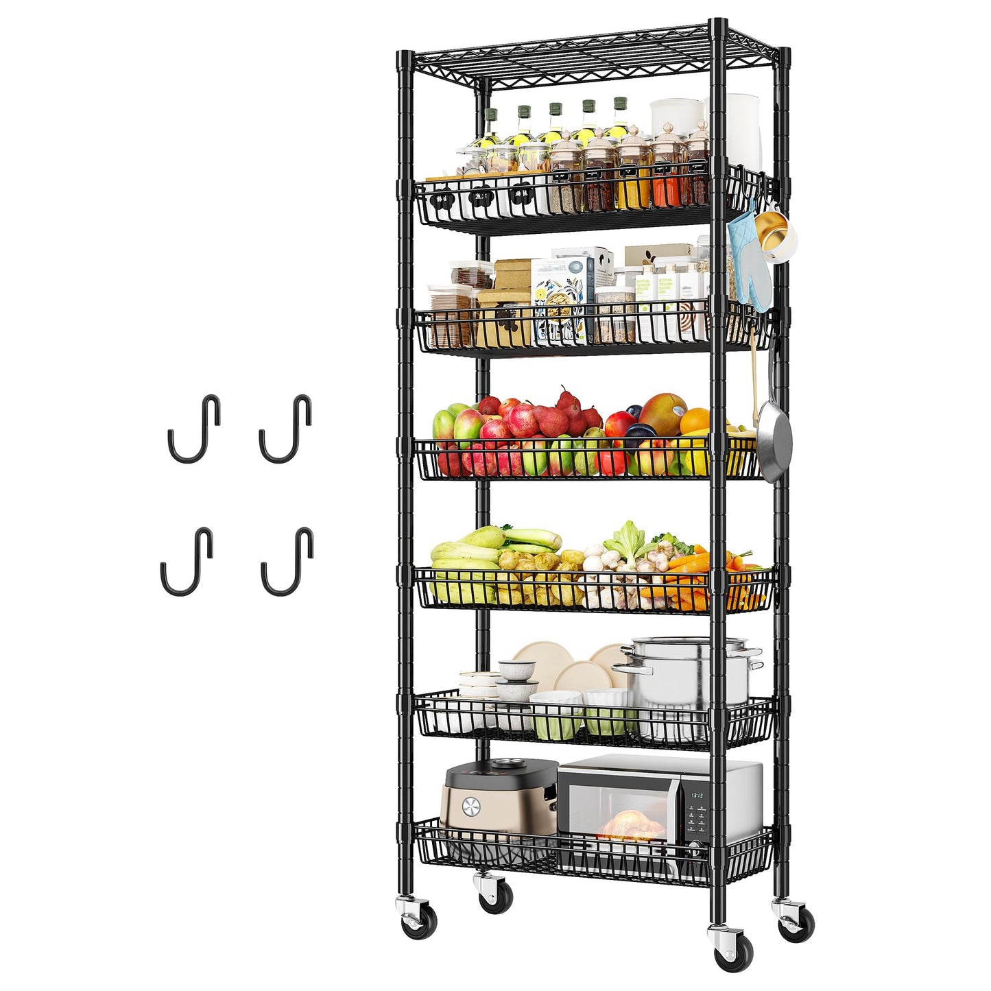 DurayLoly 7-Tier 300LBS Basket Wire Shelving Unit, Locking Wheels, Black