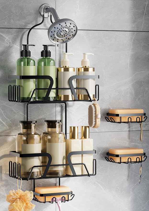 Shower Caddy Hanging with 3 Soap Holder - Over the Shower Head Caddy for Bathroom Organization(for Bathroom Organization, 24 Side Hooks, 3 Razor Holder
