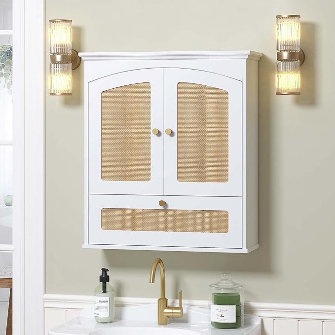 Spirich Bathroom Cabinet Wall Mount, Boho Medicine Cabinet for Bathroom, Over The Toilet Storage Cabinet with Rattan Doors and Tilt-Out Cube