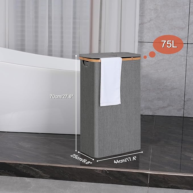 efluky Slim Laundry Basket with Lid, Narrow Laundry Hamper with Removable Bag, Skinny Dirty Clothes Basket with Bamboo Handles for Bathroom, Bedroom & Laundry Room, 75L Grey