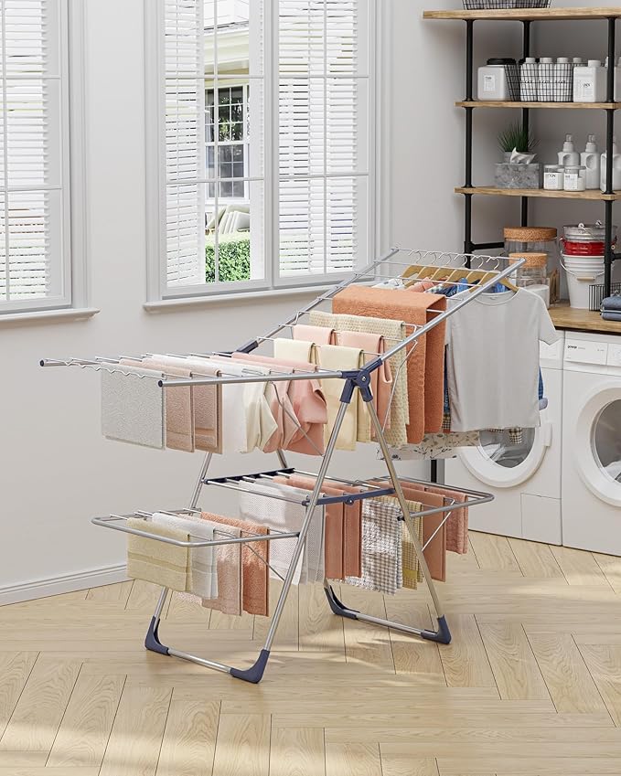Clothes Drying Rack, Foldable 2-Level Laundry Drying Rack with Height-Adjustable Wings, for Clothing & Bedding, Free-Standing Space-Saving Rack, Indoor & Outdoor, 55.5"L × 22.8"W, Silver Blue