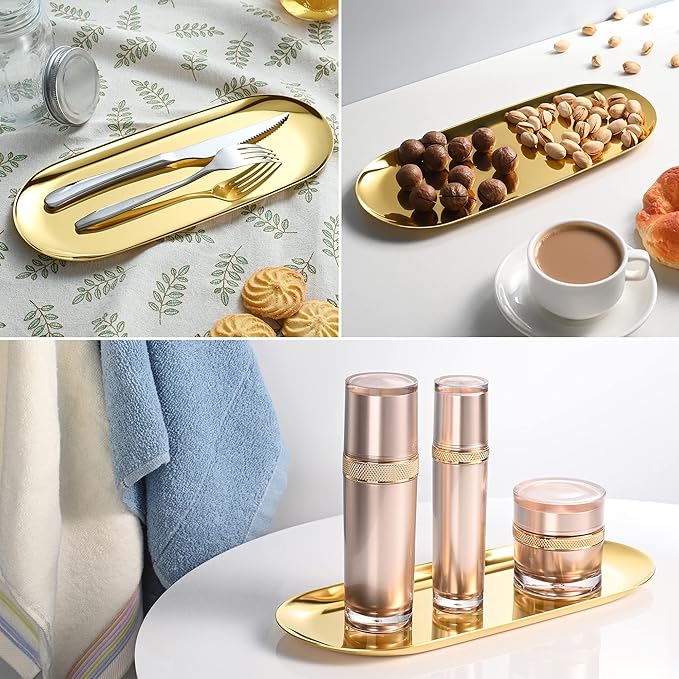 Gold Oval Vanity Tray, Stainless Steel Jewelry Tray, Bathroom Tray, Makeup Cosmetic Trays,Towel Napkin Tray, Storage Organizer,11.8 x 4.8 inches (LxW), Large