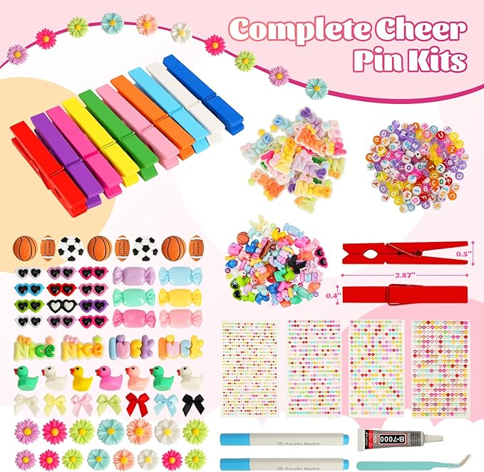 100 Cheer Pins Set - Wooden Colored Clothes Pins with Glue & Tools,Cheer Pin Kit 180 Mini Bows Ducks Daisy Balls 300 Letters 4 Stickers, DIY Custom Pins for Backpack Team Cheerleader Gifts