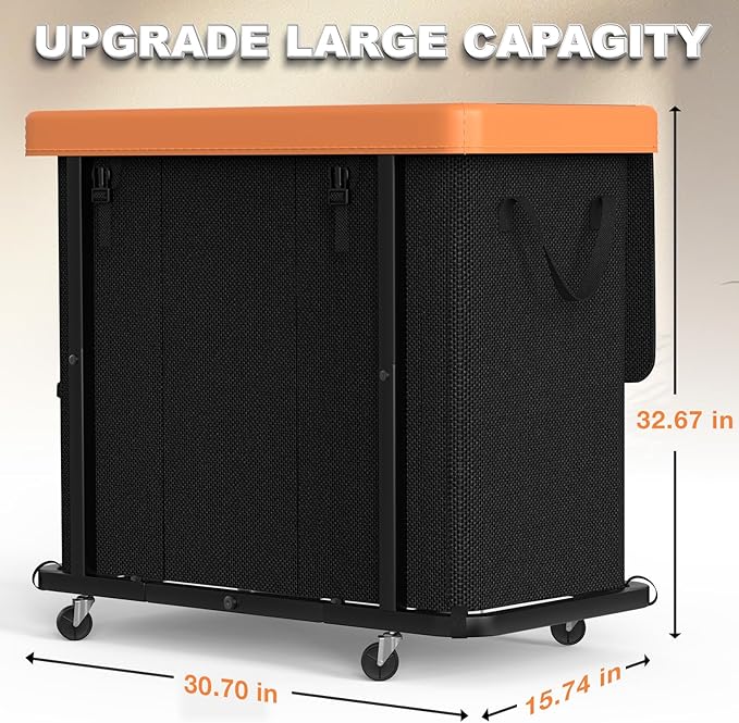 230L (60 Gal) Large Fashion Laundry Basket with Wheels, Leather Patchwork Laundry Sorter 3 Section, Sturdy Metal Frame, Removable Washable Bag, Tall Clothes Sorter for Bedroom - Black