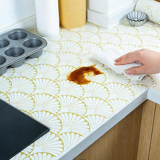 Shelf Liners Non Adhesive Gold Background White Fan-Shaped Pattern - Thickened Non-Slip Easy to Clean Drawer Liner for Kitchen Cabinets, Tool Box,Refrigerator,with Knife & Tape Measure,17in x 20FT.