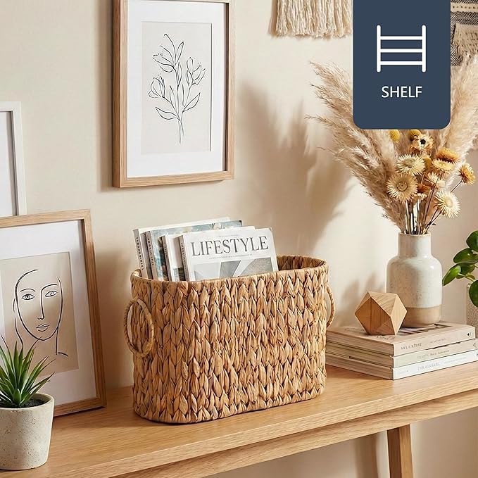 Toilet Paper Storage Basket, Water Hyacinth Toilet Paper Holder for Up to 6 Mega Rolls, Wicker Basket for Bathroom Accessories Organizer, Boho Hand Woven Rattan Decorative Decor, Natural