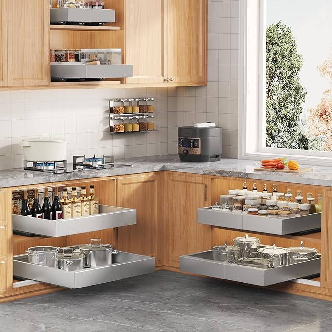 4Pack Expandable Pull Out Cabinet Organizer 21" Deep with Raising Pad for Framed Cabinets,Slide Out Drawers with 4pcs Divider Racks,Roll Out Shelves,Adjustable Width 12.05"-20.4" Silver