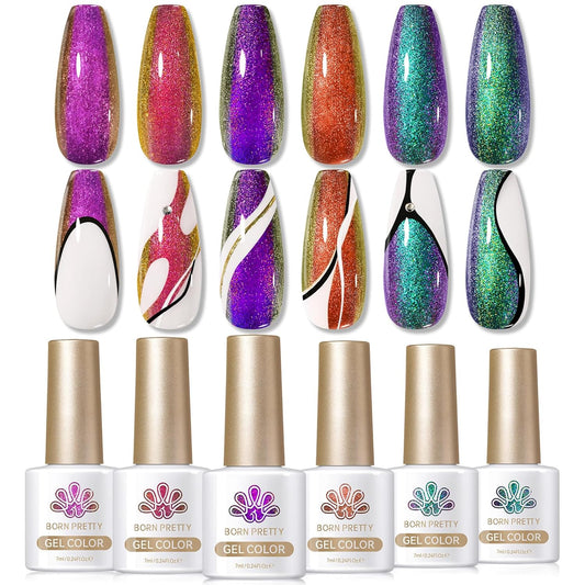 Born Pretty Chameleon Gel Nail Polish, 6 Pcs Aurora Shimmer Glitter Gel Polish Long Lasting Sparkly Shiny Nail Polish U V Set for Manicure and Nail Art, DIY at Home, Salon-Quality 7ml