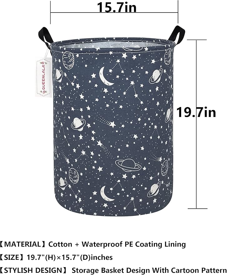 QUEENLALA Large Storage Basket,Laundry Hamper/Bathroom/Home Decor/Collapsible Round Storage Bin,Boys and Girls Hamper/Boxes/Clothing(Round-blue-starry sky)