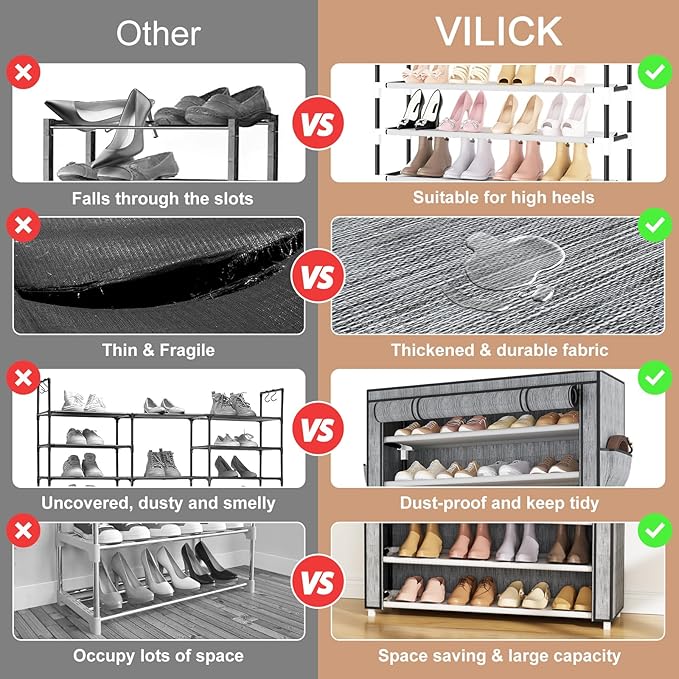Shoe Rack with Cover Narrow Shoe Organizer with Pockets 10 Tier Tall Shoe Storage Holds 36-41 Pairs Shoes and Boots Shoe Rack for Closet Entryway Garage, Printing