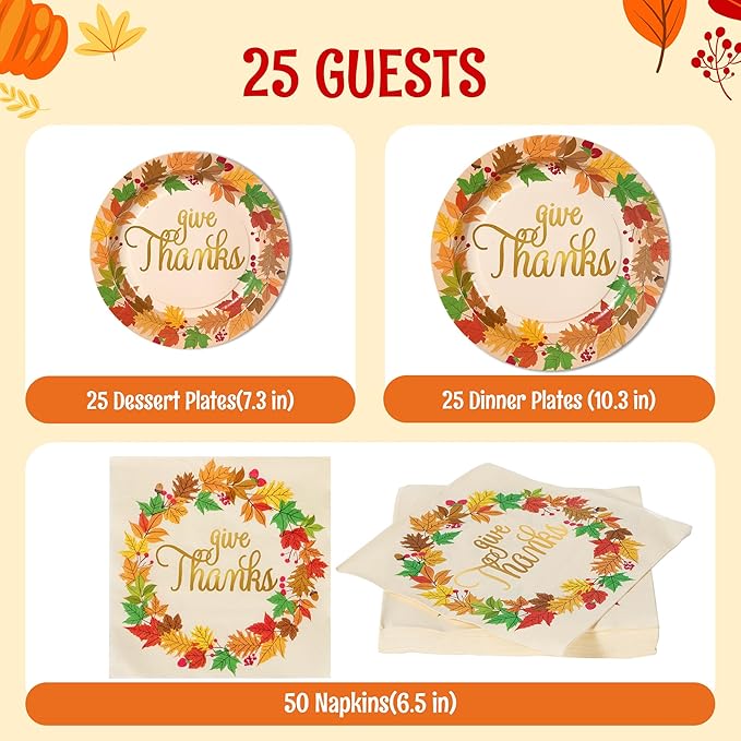 JOYIN 100 Pcs Thanksgiving Paper Plates and Napkins Disposable Dinnerware Set for 25 Guests, Give Thanks Theme Party Supplies, Happy Autumn Tableware Set