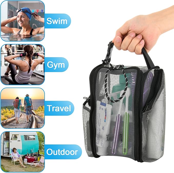 Cosmos Mesh Shower Caddy Toiletry Organizer Hanging Shower Tote Bag, Quick Dry Shower Organizer Portable Bath Bag with Durable Zippers & Side Pockets for Travel Gym Swimming Beach & Camp (Gray)
