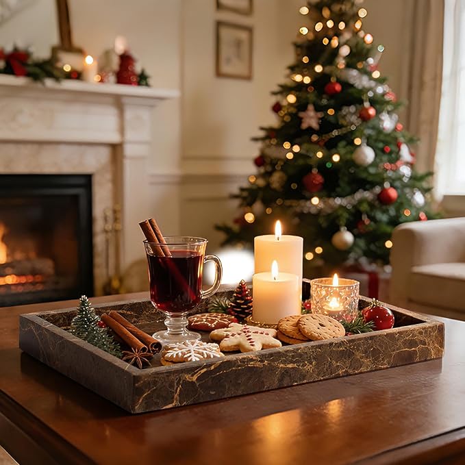 Real Natural Marble Tray for Bathroom, Genuine Marble Stone Vanity Tray, Luxury Storage Trays for Kitchen, Vanity, Home Decor, Dresser, Non-Resin/Non-Ceramic, 12"x 8"x 1.2", Dark Brown