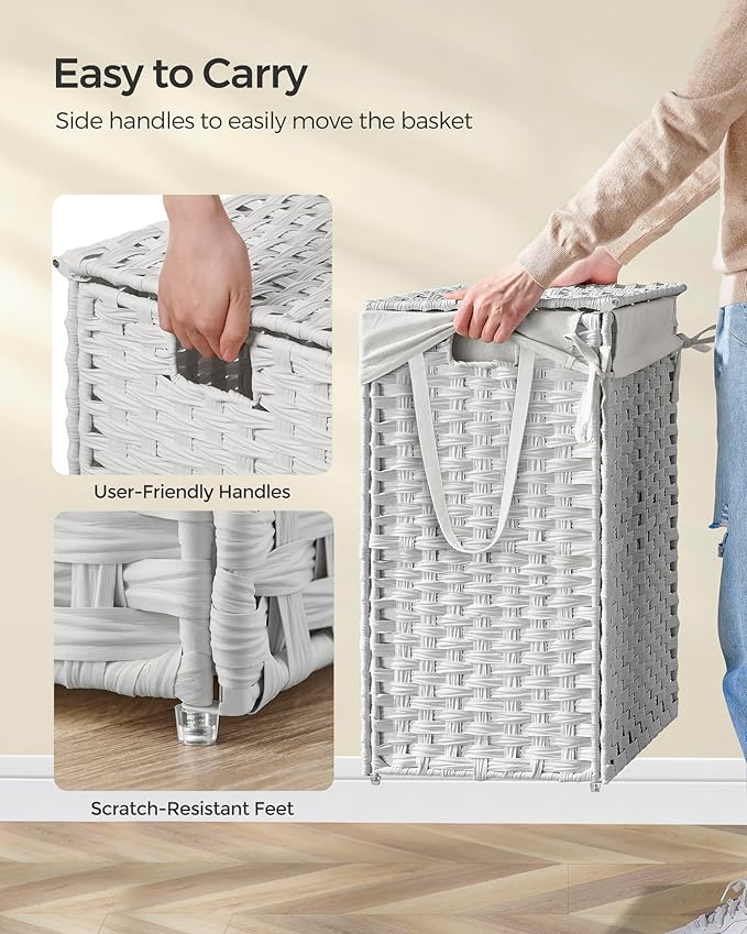 SONGMICS Laundry Hamper with Lid, 23.8 Gallon (90 L) Synthetic Rattan Clothes Laundry Basket with Lid and Handles, Foldable, Removable Liner, Cloud White ULCB51WT