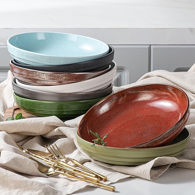HAPPY KIT Stoneware 9'' 42oz Pasta Bowls Set 4, Frosted Granite White Glaze