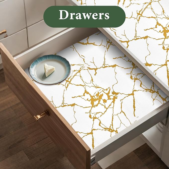 Drawer and Shelf Liner for Kitchen Cabinet Non Slip Waterproof Shelf Paper 17.5 in X 30 Ft Non Adhesive Refrigerator Liners Gold White Marble Easy Liners for Bathroom Cupboard