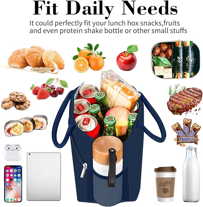 Coobiiya Lunch Bag for Men and Women - Navy Blue, Aluminum, 10.8" x 6.3" x 8.85" - Spacious, Lightweight, and Durable