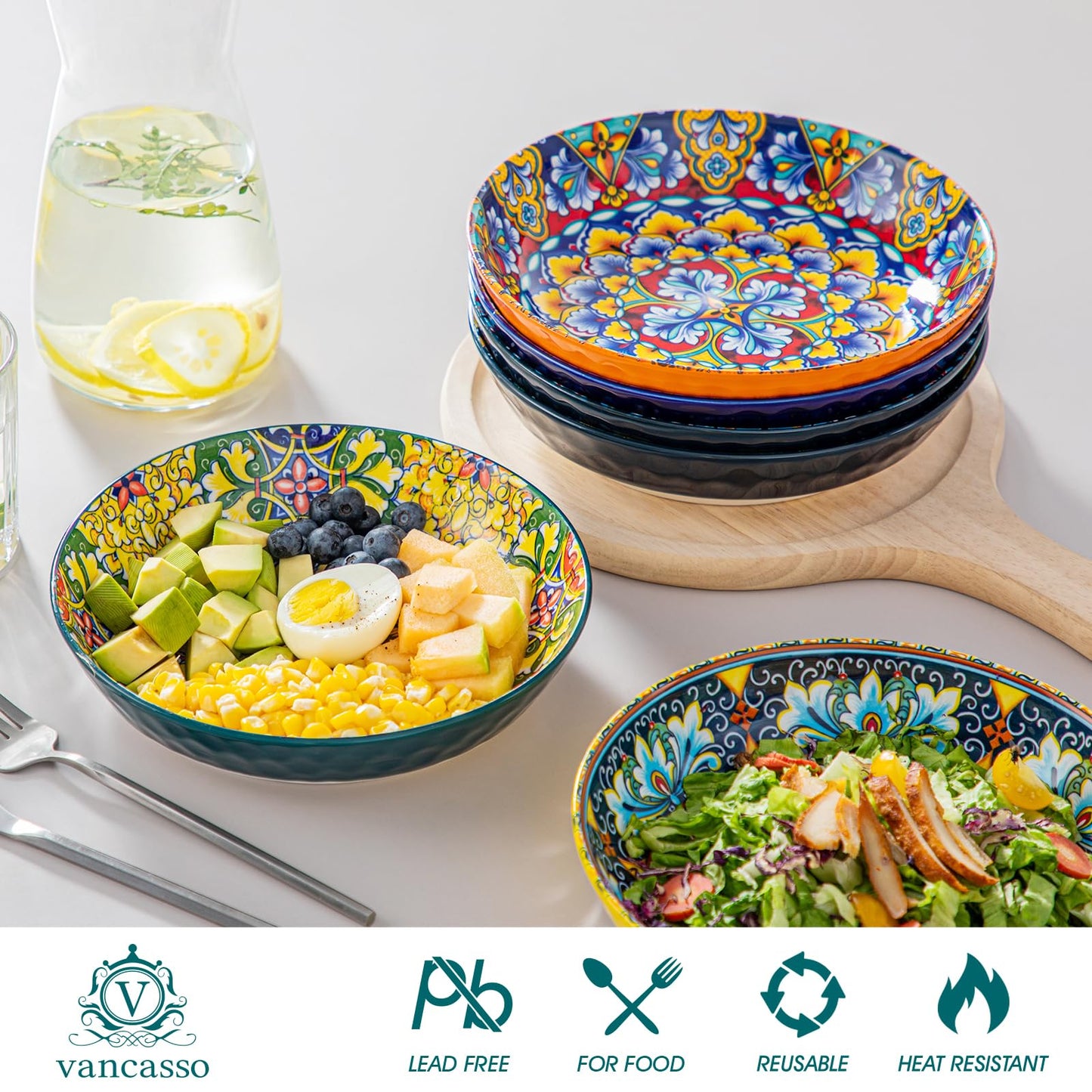 vancasso 32 Oz Pasta Bowls Set of 6, Ceramic Bohemian Soup Salad Bowls