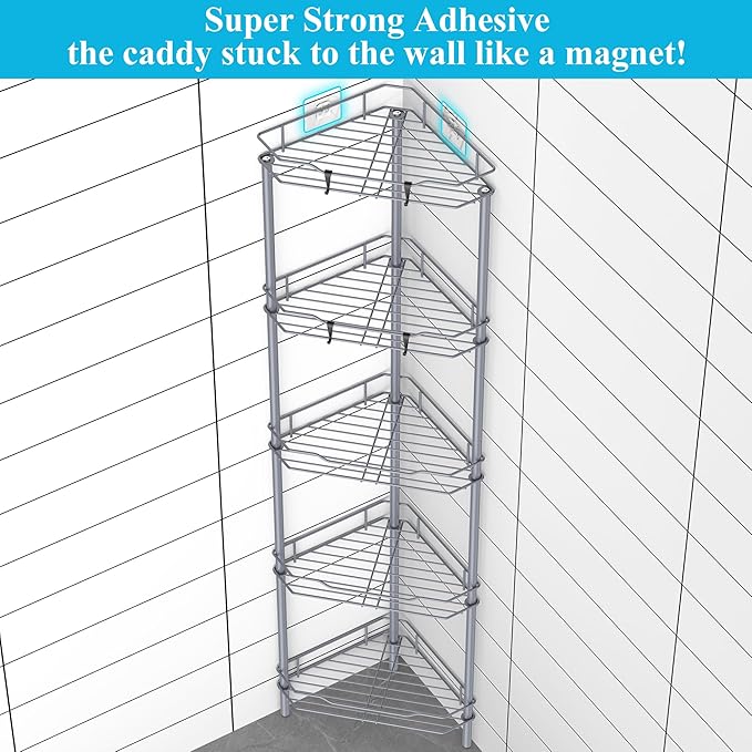 5 Tier Floor Standing Corner Shower Caddy Organizer Shelf with Hooks, Bathroom Shelves Stand Rack, Dark Gray