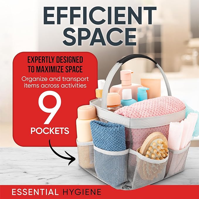 Masirs Mesh Shower Caddy - 9 Pocket Portable Bathroom Organizer Tote for Travel, Gym & Dorm - Collapsible Small Shower Caddy Bag to Hold Toiletries & Essentials (Gray)