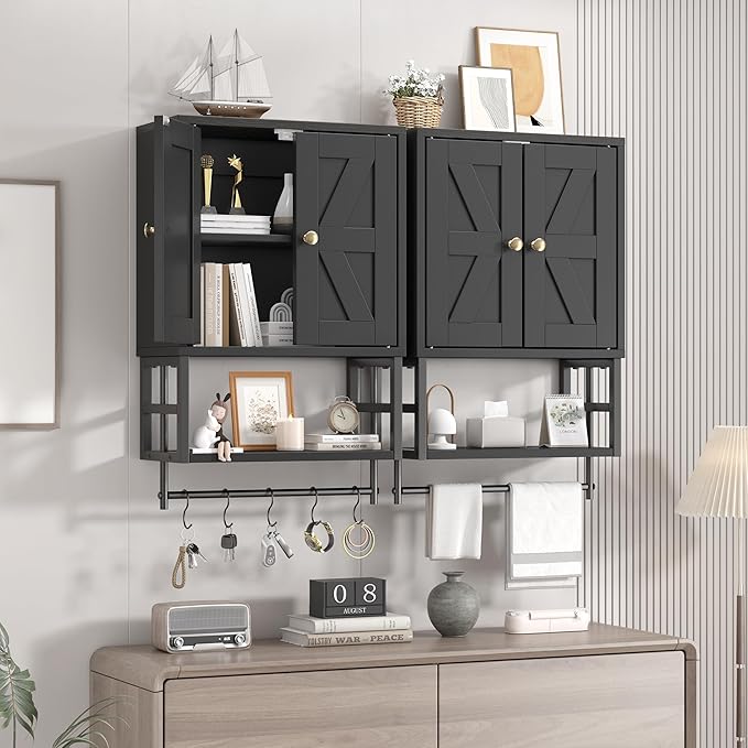 Farmhouse Medicine Cabinet - 3-Tier Wall Mounted Storage Organizer with Adjustable Shelves, Towel Bar, 5 Hooksfor Small Bathroom, Laundry Room, Over Toilet, Living Room, Bedroom (Black)