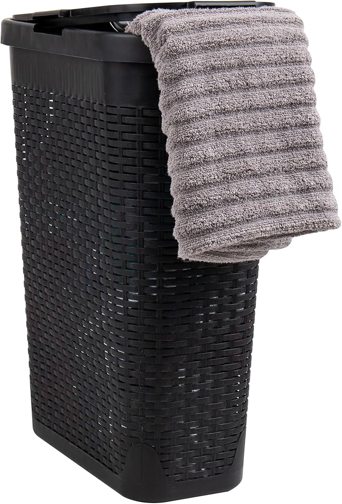 Mind Reader Slim Laundry Hamper with Lid, 40L Clothes Basket, Premium Wicker Design, Plastic, Black