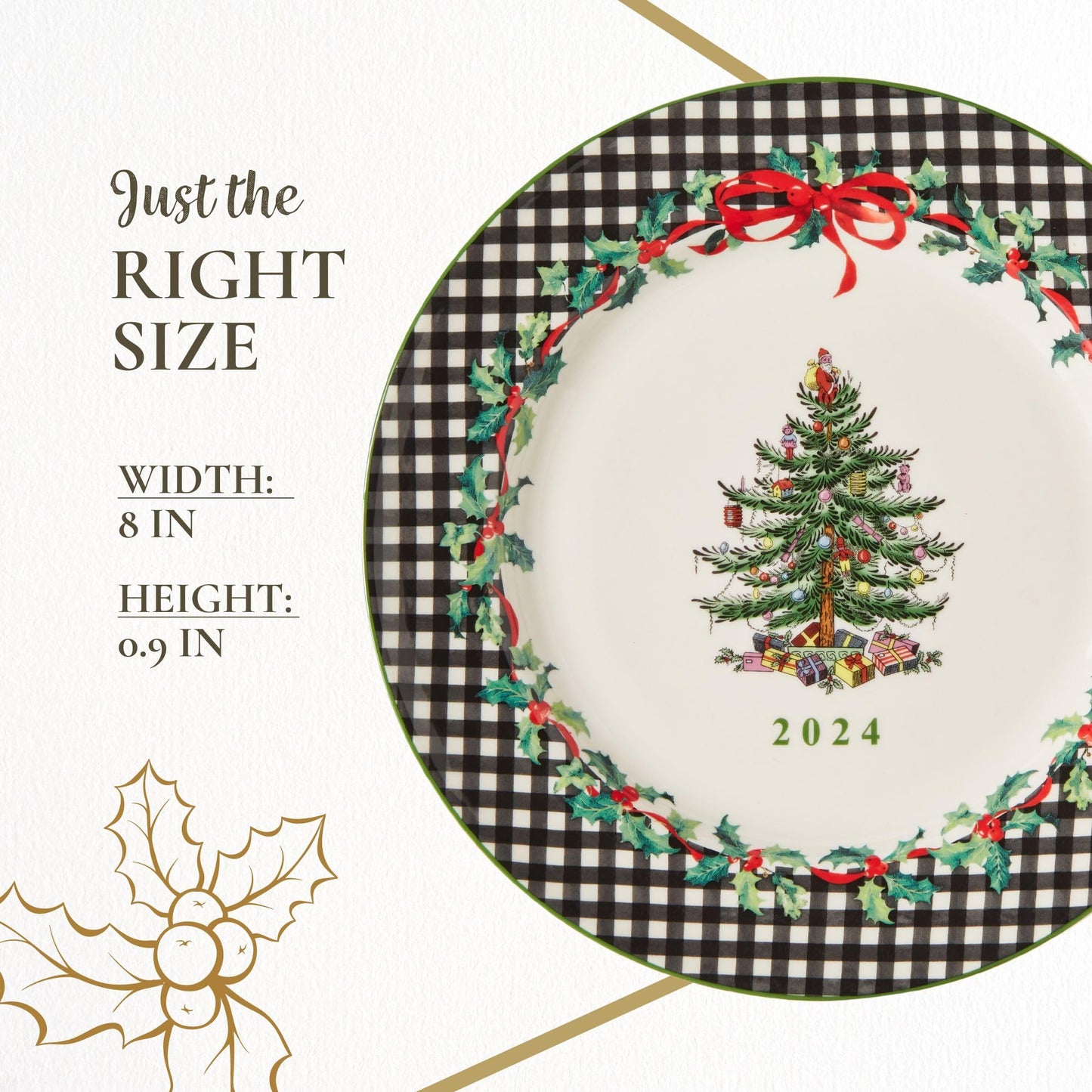 Spode Christmas Tree Collector Plate - Exclusive Border with Red Ribbon & Black Check, Seasonal Display or Holiday Tableware Use, 8" Porcelain Plate - Microwave & Dishwasher Safe, Great Holiday Gift